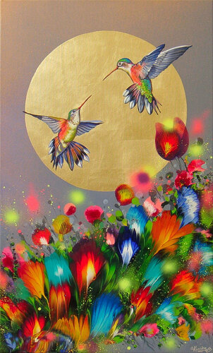 Hummingbirds at Sunset van Irini Karpikioti, Schilderij te koop op Singulart