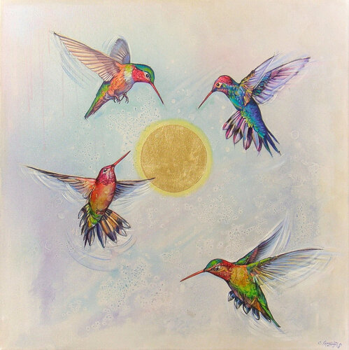 Shining Sun and Hummingbirds van Irini Karpikioti, Schilderij te koop op Singulart