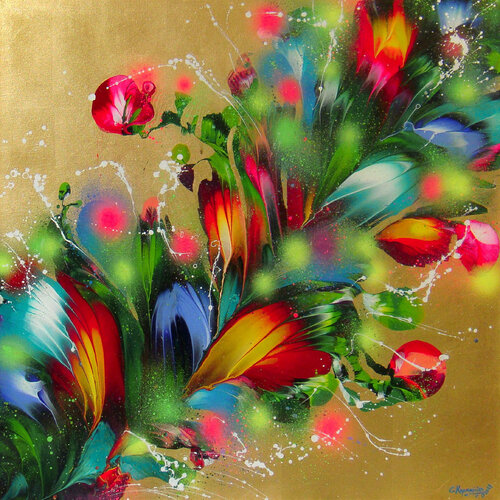 Flower bouquet on golden background van Irini Karpikioti, Schilderij te koop op Singulart