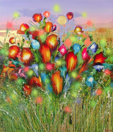 Summer flowers at sunset van Irini Karpikioti, Schilderij te koop op Singulart