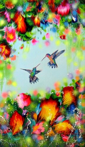 Hummingbirds and Flowers by Irini Karpikioti, Painting for Sale on Singulart