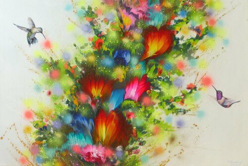 Flowers and Hummingbirds van Irini Karpikioti, Schilderij te koop op Singulart