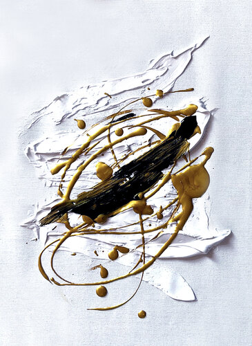 Unconscious IV – Gold and Black Gestural Abstraction on White (Original Series – 1/1) par Juca Maximo, Peinture en vente sur Singulart