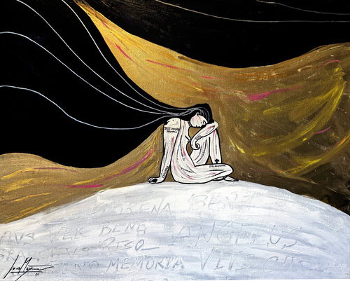 Angelus I — Figurative Gold Painting from Artist’s Italian Residency (Unique Original 1/1) di Juca Maximo, Pittura in vendita su Singulart
