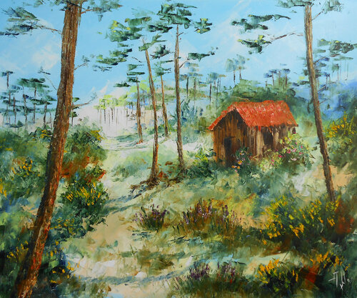 Tableau La Cabane du résinier di Axelle Bosler, Pittura in vendita su Singulart