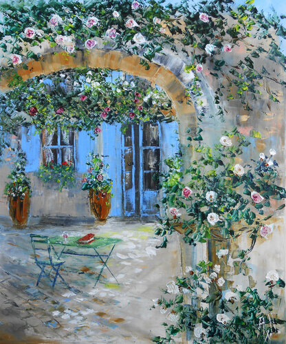 La Cour des Roses anciennes - Série "Maisons fleuries & jardins secrets" van Axelle Bosler, Schilderij te koop op Singulart