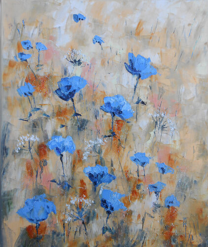 Les Pavots bleus (Série Pavots et coquelicots II) van Axelle Bosler, Schilderij te koop op Singulart