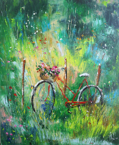 Le Vélo rouge dans un écrin de nature di Axelle Bosler, Pittura in vendita su Singulart
