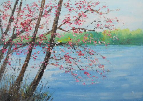 Arbres en fleurs au bord de l'eau di Axelle Bosler, Pittura in vendita su Singulart