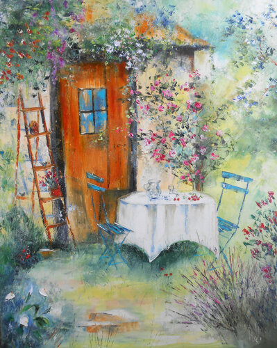 Le Jardin des Dimanches Heureux - Série "Maisons fleuries & jardins secrets" di Axelle Bosler, Pittura in vendita su Singulart