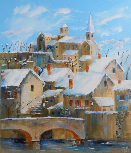 Village en hiver di Axelle Bosler, Pittura in vendita su Singulart