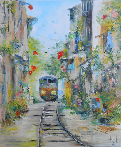 Rue ferroviaire d'Hanoï (Vietnam) van Axelle Bosler, Schilderij te koop op Singulart