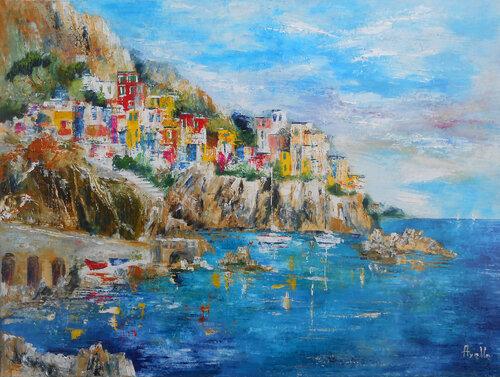 Village italien en bord de méditerranée di Axelle Bosler, Pittura in vendita su Singulart