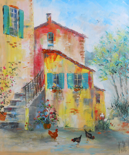 Le Village aux poules van Axelle Bosler, Schilderij te koop op Singulart