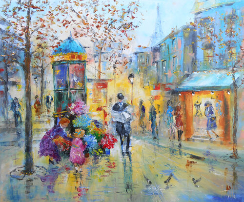 Paris, Promenade au Boulevard fleuri di Axelle Bosler, Pittura in vendita su Singulart