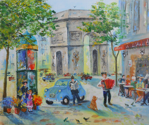 Paris, Rendez-vous amoureux au Café de l'Arc di Axelle Bosler, Pittura in vendita su Singulart