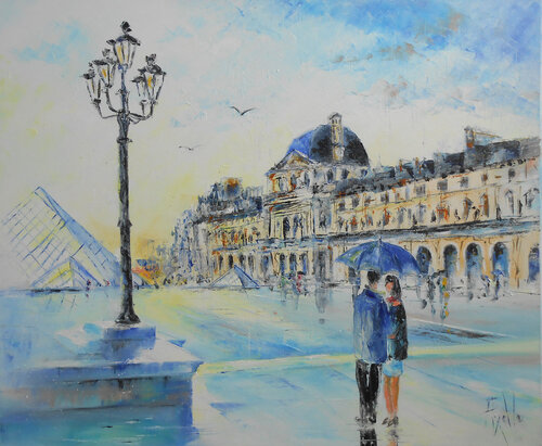 Paris, Pluie fine sur l'esplanade du Louvre di Axelle Bosler, Pittura in vendita su Singulart