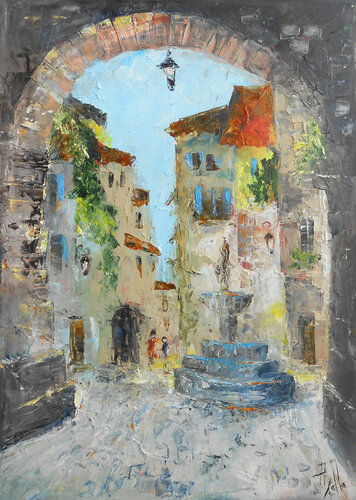 Place de la Fontaine par Axelle Bosler, Peinture en vente sur Singulart