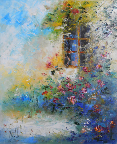 Rêverie florale - Série "Maisons fleuries & jardins secrets" van Axelle Bosler, Schilderij te koop op Singulart