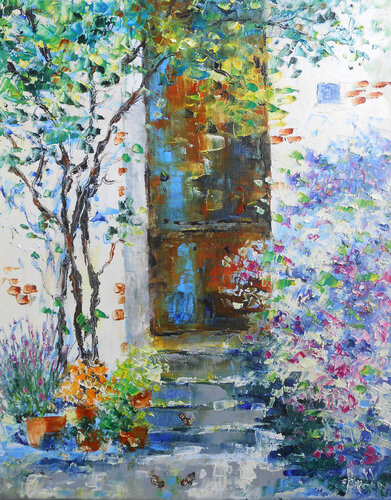 Bienvenue en été - Série "Maisons fleuries & jardins secrets" van Axelle Bosler, Schilderij te koop op Singulart