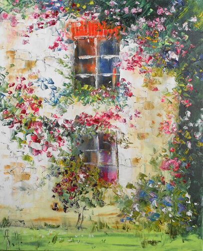 Murmure des Rosiers - Série "Maisons fleuries & jardins secrets" von Axelle Bosler, Malerei kaufen auf Singulart