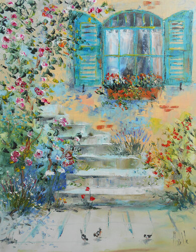 L'Escalier aux volets turquoise - Série "Maisons fleuries & jardins secrets" von Axelle Bosler, Malerei kaufen auf Singulart