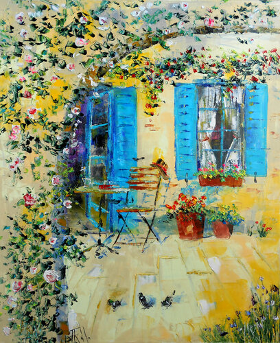 Le Secret aux volets bleus - Série "Maisons fleuries & jardins secrets" by Axelle Bosler, 회화 for Sale on Singulart