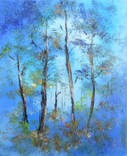 L’Heure bleue dans les arbres -  Série “Heures bleues” par Axelle Bosler, Peinture en vente sur Singulart