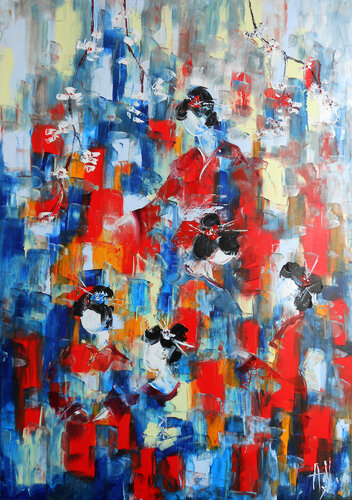 Les Geishas sous le cerisier blanc di Axelle Bosler, Pittura in vendita su Singulart