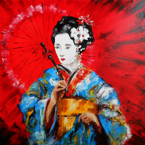 La Geisha à l'ombrelle rouge - Série Geishas II de Axelle Bosler, Pintura a la venta en Singulart