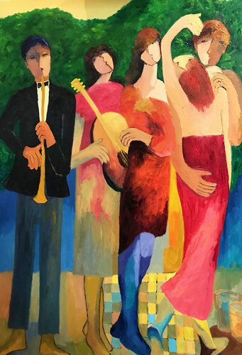 Composición de jovenes en un jardín I. de Jenifer Carey, Pintura a la venta en Singulart