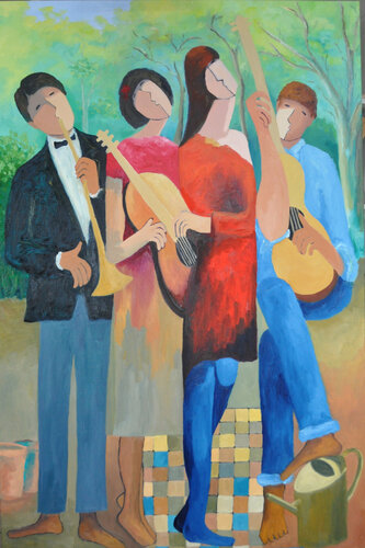 Composición de jóvenes en un jardín II. van Jenifer Carey, Schilderij te koop op Singulart