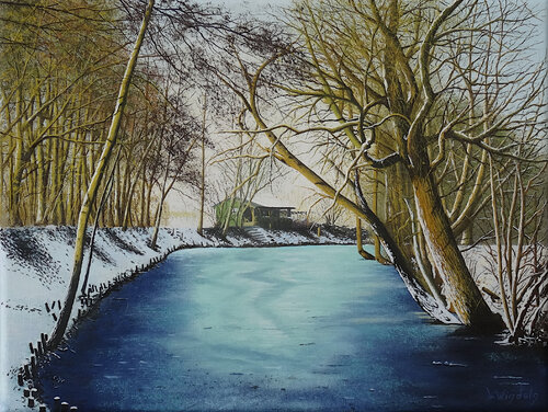 Winterlandschaft am Fischweiher par Leo Windeln, Peinture en vente sur Singulart