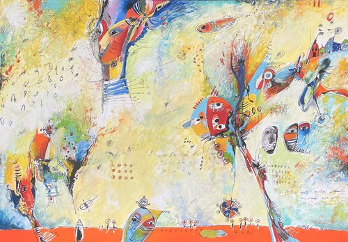 This vibrant artwork bursts with surreal energy, melding abstract shapes and bold colors. Faces and eyes, interspersed throughout, evoke a sense of whimsical curiosity, as if hidden spirits are watching. Reds, blues, and greens dominate the palette, blend van Gor Avetisyan, Schilderij te koop op Singulart