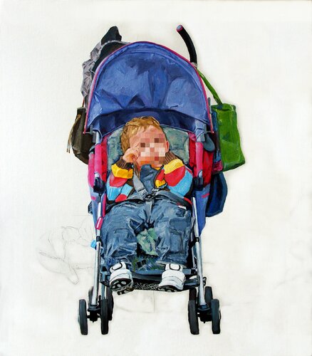 Niño pixelado en su carrito di Jesús Manuel Moreno, Pittura in vendita su Singulart