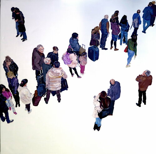 La cola de la ventanilla di Jesús Manuel Moreno, Pittura in vendita su Singulart