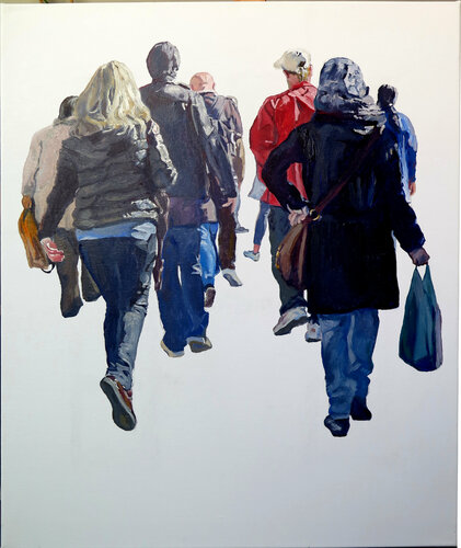 Siete personas de espaldas caminando van Jesús Manuel Moreno, Schilderij te koop op Singulart