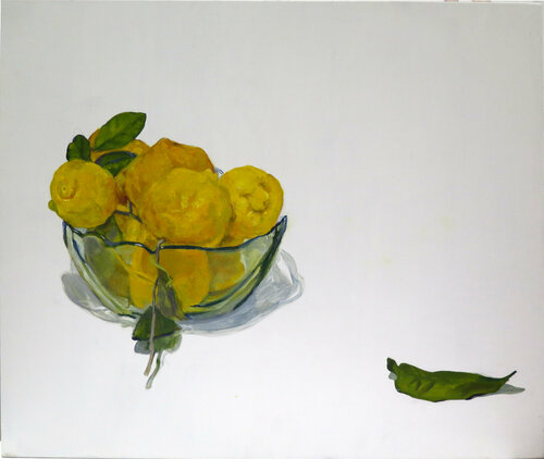 Limones en un frutero de cristal di Jesús Manuel Moreno, Pittura in vendita su Singulart