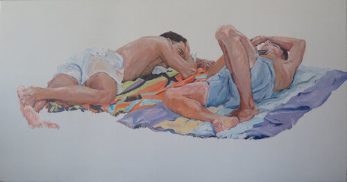 Los gemelos en el césped van Jesús Manuel Moreno, Schilderij te koop op Singulart