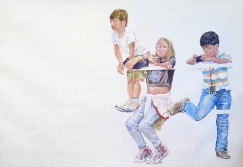 Tres niños en una barandilla von Jesús Manuel Moreno, Malerei kaufen auf Singulart