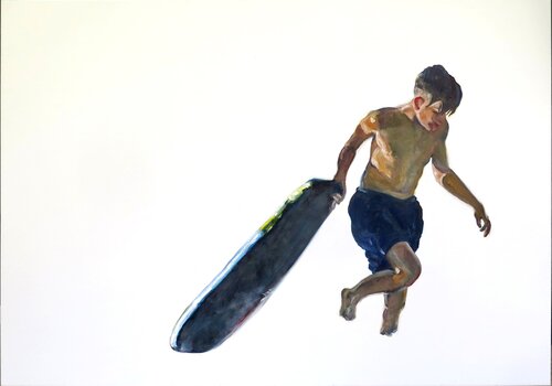 Niño entrando en el agua con tabla de sulf by Jesús Manuel Moreno, 회화 for Sale on Singulart