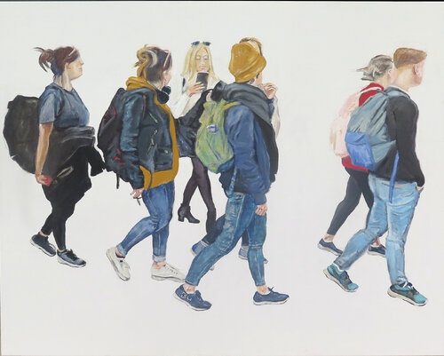 Turista fotografiando una fila de estudiantes von Jesús Manuel Moreno, Malerei kaufen auf Singulart