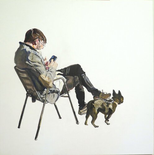 El, su perro y su móvil by Jesús Manuel Moreno, Painting for Sale on Singulart