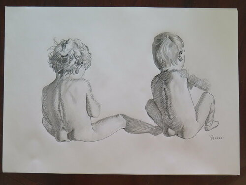 Dos niños pequeños en la playa di Jesús Manuel Moreno, Disegno in vendita su Singulart