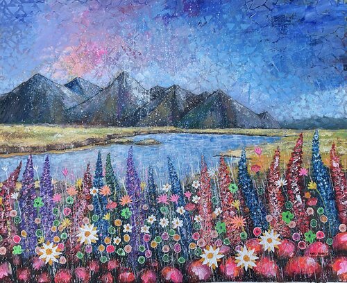 Blossoms beneath the peaks par Jacob Kwesi Bennett, Peinture en vente sur Singulart
