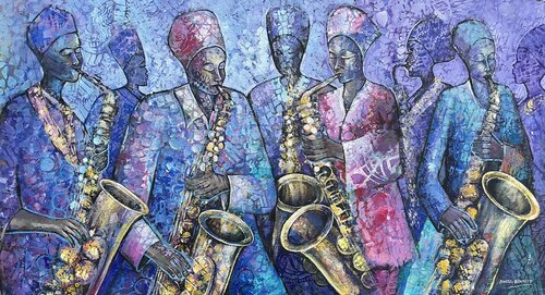 Harmony in hue: The jazz ensemble. by Jacob Kwesi Bennett, Painting for Sale on Singulart