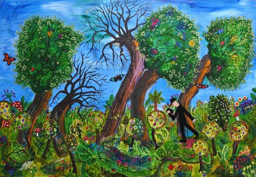 Man With Mobile Phone No. 1: Trees van Michael Gutteridge, Schilderij te koop op Singulart
