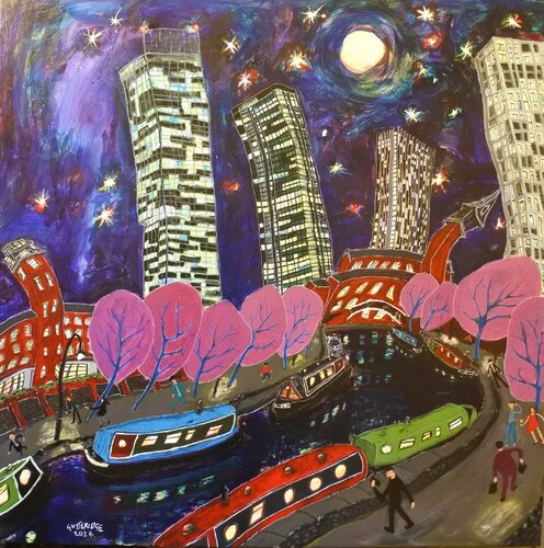 Castlefield Canal Junction, Manchester, No. 5 (at night) van Michael Gutteridge, Schilderij te koop op Singulart