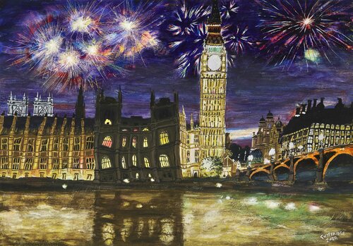 Fireworks Over the Houses of Parliament in London van Michael Gutteridge, Schilderij te koop op Singulart