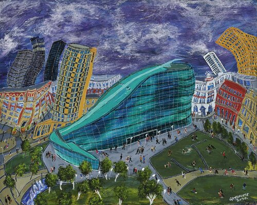 Urbis with Lowry Matchstick Figures van Michael Gutteridge, Schilderij te koop op Singulart